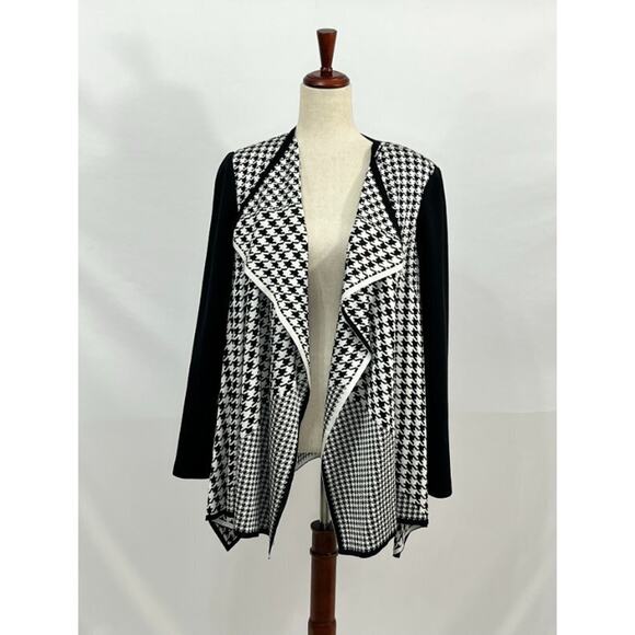 ST JOHN Collection Sz M Medium Black Cream Houndstooth Draped Open Cardigan Jack - Picture 1 of 8